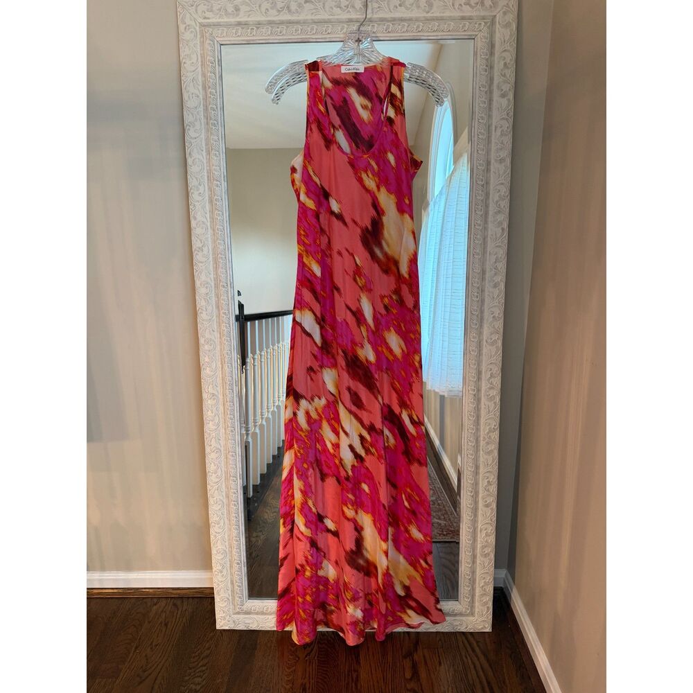 Calvin Klein 100% Silk Abstract Maxi Dress Pink Coral Sleeveless M - Picture 3 of 5